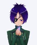  1girl absurdres breasts chrome_dokuro closed_mouth crying crying_with_eyes_open eyepatch highres jewelry katekyo_hitman_reborn! orange_wild purple_eyes purple_hair ring school_uniform short_hair simple_background smile solo tears 