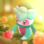  berry blurry commentary_request day flower fomantis grass highres korean_commentary looking_down no_humans orange_flower outdoors pink_eyes pokemon pokemon_(creature) solo standing wowyou 