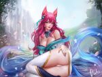  1girl ahri_(league_of_legends) animal_ears ass bare_shoulders bell blue_eyes blue_tail breasts cleavage facial_mark fox_ears fox_tail hair_bell hair_between_eyes hair_ornament highres kangagi97 korean_clothes large_breasts league_of_legends long_hair looking_at_viewer low_neckline multiple_tails off_shoulder panties parted_lips pink_hair smile solo spirit_blossom_ahri tail thighhighs underwear vastaya whisker_markings white_panties 