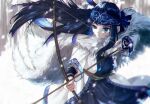  1girl ainu_clothes asirpa black_hair blue_eyes blue_hair blue_headband bow_(weapon) cape capelet closed_mouth colored_inner_hair floating_hair fur-trimmed_capelet fur_trim golden_kamuy half-closed_eyes headband highres holding holding_bow_(weapon) holding_weapon long_hair long_sleeves multicolored_hair outdoors snowing solo very_long_hair weapon white_cape y6m9e_kasabuta 