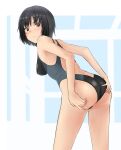  1girl adjusting_clothes adjusting_swimsuit amagami ass black_eyes black_hair black_swimsuit bob_cut breasts competition_swimsuit cowboy_shot highleg highleg_swimsuit highres leaning_forward multicolored_clothes multicolored_swimsuit nanasaki_ai one-piece_swimsuit short_hair small_breasts solo standing swimsuit two-tone_swimsuit ykh1028 