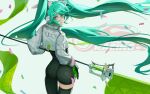  1girl aqua_hair aquarzaaa ass black_bodysuit black_gloves black_legwear bodysuit cowboy_shot flag floating_hair from_behind gloves green_eyes green_gloves hatsune_miku highres holding holding_flag long_hair looking_at_viewer looking_back racing_miku_(2022) shiny shiny_hair single_thighhigh solo standing thighhighs twintails two-tone_gloves very_long_hair vocaloid 