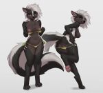  2022 anthro areola black_nose breasts butt claws clothed clothing digital_media_(artwork) eyebrows female fingers front_view fur genitals hair hi_res looking_at_viewer mammal mephitid navel nipples pawpads pussy simple_background skunk smile toe_claws vanessa_(foxovh) woolrool 