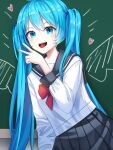  1girl :d absurdres bangs blue_eyes blue_hair blue_nails chalkboard collared_shirt grey_sailor_collar grey_skirt hair_between_eyes hatsune_miku heart highres ille_(xcpa7325) long_hair long_sleeves nail_polish neckerchief open_mouth pleated_skirt red_neckerchief sailor_collar sailor_shirt school_uniform serafuku shiny shiny_hair shirt skirt smile solo tongue tongue_out twintails v very_long_hair vocaloid white_shirt 