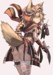  1girl animal_ear_fluff animal_ears ankle_wrap armband ass asymmetrical_legwear blonde_hair bow braid breasts character_request closed_mouth corset fingerless_gloves floral_print from_behind garter_straps gloves hair_between_eyes hair_bow highres holding holding_knife hood knife leaning_forward lilica looking_at_viewer looking_back medium_breasts medium_hair osabachan scarf sidelocks solo striped tail thigh_strap waist_bow white_background wolf_ears wolf_girl wolf_tail 