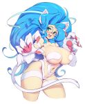  1girl absurdres animal_ears bespectacled blue_hair breasts cat_ears cat_tail claws felicia_(vampire) glasses green_eyes highres large_breasts long_hair looking_at_viewer simple_background slugbox solo tail vampire_(game) white_background 