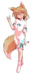  1girl alphes_(style) animal_ears bangs blush bow brown_eyes brown_hair crossed_legs dairi eyebrows_visible_through_hair eyes_visible_through_hair fox_ears fox_shadow_puppet fox_tail full_body green_bow green_ribbon hair_between_eyes hand_up kudamaki_tsukasa light_brown_hair looking_to_the_side neck_ribbon open_mouth parody ribbon romper short_hair short_sleeves socks solo standing style_parody surprised tachi-e tail touhou transparent_background watson_cross white_legwear white_romper white_sleeves 