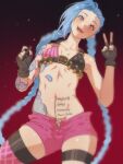  1girl arm_tattoo bare_shoulders black_gloves black_nails blue_hair blush body_writing collarbone contrapposto eyelashes fingerless_gloves fingernails gloves gradient gradient_background highres holding holding_marker hyattlen jinx_(league_of_legends) league_of_legends light_blue_hair long_hair marker navel open_mouth pink_eyes shell_casing shoulder_tattoo single_thighhigh smile solo stomach_tattoo striped tattoo teeth thigh_strap thighhighs tongue twintails v very_long_hair 