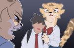  2022 akino_(kemokin_mania) anthro black_nose bodily_fluids bow_tie brown_eyes cheetah chest_tuft clothed clothing digital_drawing_(artwork) digital_media_(artwork) felid feline female fur group hi_res human kemokin_mania male mammal necktie school_uniform shirt simple_background spots spotted_body spotted_fur surprised_expression sweat sweatdrop topwear tuft uniform white_clothing white_shirt white_topwear 