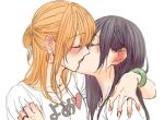  2girls aihara_mei aihara_yuzu bangs black_hair blonde_hair blush bracelet citrus_(saburouta) closed_eyes clothes_writing collarbone commentary ear_blush earrings eyebrows_visible_through_hair fingernails glidesloe heart heart_print highres hoop_earrings jewelry kiss long_hair multiple_girls ring shirt sidelocks simple_background step-siblings upper_body white_background white_shirt yuri 