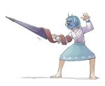  1girl bangs barefoot blue_hair blue_skirt fencing full_body highres holding holding_umbrella karakasa_obake long_sleeves peroponesosu. shirt short_hair simple_background skirt solo standing tatara_kogasa tongue touhou umbrella white_background white_shirt 