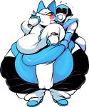 absurd_res anthro belly_grab big_breasts blue_body blush bodily_fluids breasts clothed clothing cloudboyo deltarune duo english_text eyelashes felid feline female floating_hands hi_res humanoid machine mammal obese obese_anthro obese_female open_mouth overweight overweight_anthro overweight_female queen_(deltarune) robot simple_background sweat sweatdrop tasque_manager text thick_thighs undertale_(series) video_games white_background wide_hips yellow_eyes 