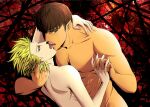  2boys abs arm_around_neck blonde_hair bowl_cut brown_hair collarbone fangs fangs_out hand_in_another&#039;s_hair holding_hands ideguchi_satoshi imminent_kiss looking_at_another male_focus multiple_boys naji_0337 nude one_outs open_mouth pointy_ears ribs spiked_hair tokuchi_toua toned toned_male yaoi 
