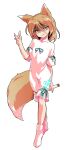  1girl alphes_(style) animal_ears bangs bow brown_eyes brown_hair crossed_legs dairi eyebrows_visible_through_hair eyes_visible_through_hair fox_ears fox_shadow_puppet fox_tail full_body green_bow green_ribbon hair_between_eyes hand_up kudamaki_tsukasa light_brown_hair looking_to_the_side neck_ribbon open_mouth parody ribbon romper shaded_face short_hair short_sleeves smile smug socks solo standing style_parody tachi-e tail touhou transparent_background watson_cross white_legwear white_romper white_sleeves 