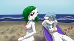  2021 absurd_res alyx_(cobra0281) beach beach_chair blue_hair blush blush_lines breasts detailed_background duo eyewear female gardevoir ghostth39 green_hair hair hair_over_eye hands_behind_head hi_res humanoid looking_at_viewer medium_breasts navel nintendo nipples not_furry nude one_eye_obstructed pok&eacute;mon pok&eacute;mon_(species) red_eyes ruby_(ghostth39) seaside shiny_pok&eacute;mon smile sunbathing sunglasses video_games 