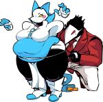  4_fingers absurd_res anthro avian belly big_belly blue_body blue_tail blush bodily_fluids clothed clothing cloudboyo deltarune duo felid feline female fingers floating_hands hi_res machine mammal overweight overweight_anthro overweight_female plug robot simple_background swatchling sweat sweatdrop tape_measure tasque_manager undertale_(series) video_games white_background yellow_eyes 