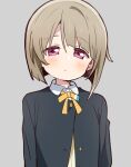  bangs black_jacket blush bow bowtie breasts chestnut_mouth commentary_request eyebrows_visible_through_hair grey_background jacket light_brown_hair long_sleeves looking_at_viewer love_live! love_live!_nijigasaki_high_school_idol_club mezashi_(mezamashi_set) nakasu_kasumi nijigasaki_academy_uniform pink_eyes sad school_uniform shirt short_hair small_breasts solo white_shirt wing_collar yellow_bow yellow_bowtie 