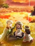  3girls absurdres blonde_hair blue_eyes blush brown_hair cayna_(leadale_no_daichi_nite) cloud dress eyebrows_visible_through_hair flower forest grass hair_between_eyes hair_ornament head_wreath highres key_visual lake leadale_no_daichi_nite long_hair long_sleeves looking_at_another luka_(leadale_no_daichi_nite) lytt_(leadale_no_daichi_nite) medium_hair mountainous_horizon multiple_girls nature official_art open_mouth pants promotional_art red_sky reflection short_hair short_sleeves sky smile star_(symbol) star_hair_ornament sunset tower tree white_flower 