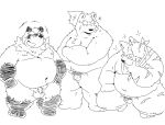  2022 anthro balls belly big_belly canid canine canis domestic_dog eyes_closed flaccid genitals group hi_res kemono laugh male male/male mammal moobs navel nipples overweight overweight_male penis raccoon_dog scar simple_background small_penis suishou0602 tanuki ursid white_background 
