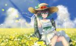  1girl :d bangs bare_shoulders dress flower green_eyes green_hair hat highres honkai_(series) honkai_impact_3rd kampher_(yekxiong) looking_at_viewer off_shoulder open_mouth outdoors sitting smile solo straw_hat summer sundress sunflower wendy_(honkai_impact) white_dress 
