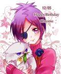  1girl bird blue_eyes blush bug butterfly character_name chrome_dokuro closed_mouth dated eyepatch flower happy_birthday katekyo_hitman_reborn! looking_at_viewer momo_tomato purple_eyes purple_hair rokudou_mukuro rose short_hair smile sweater turtleneck turtleneck_sweater 