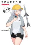  1girl =_= aim-7_sparrow artist_name atamonica baseball_cap cellphone commentary cowboy_shot dated dolphin_shorts english_commentary frown hat highres jacket long_hair military missile original personification phone shorts silver_hair smartphone thought_bubble 