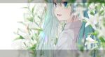  1girl asagao_minoru bangs commentary_request crying crying_with_eyes_open flower green_eyes green_hair hatsune_miku letterboxed lily_(flower) looking_afar open_mouth shirt sidelocks simple_background smile solo streaming_tears tears twintails upper_body vocaloid white_background white_lily white_shirt 