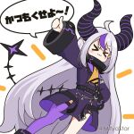  &gt;_&lt; 1girl :3 ahoge bangs black_dress blush closed_eyes closed_mouth commentary_request demon_horns dress dutch_angle eyebrows_visible_through_hair grey_hair hand_on_hip hololive horns la+_darknesss long_hair long_sleeves mitya outstretched_arm purple_legwear simple_background single_thighhigh sleeves_past_wrists solo standing tail thighhighs thumbs_up translation_request twitter_username very_long_hair virtual_youtuber white_background wide_sleeves 