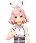  1girl atelier_live bangs bare_arms bare_shoulders blush bow braid breasts eyebrows_visible_through_hair food food_in_mouth grey_skirt hair_bow hair_ornament hair_ribbon hairclip high-waist_skirt highres holding holding_stylus looking_at_viewer medium_breasts mouth_hold pink_hair pinku_(vtuber) plaid plaid_skirt red_eyes ribbon rosuuri shirt simple_background skirt sleeveless sleeveless_shirt solo stylus suspender_skirt suspenders toast toast_in_mouth virtual_youtuber white_background white_bow white_ribbon white_shirt 