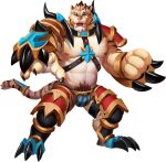  1boy abs armor bara biceps blue_eyes chest_harness claws clenched_hand collar crotch_plate furry furry_male gauntlets gyee hachi_(gyee) harness kumahachi large_pectorals leg_armor looking_at_viewer male_focus muscular muscular_male navel navel_hair nipples official_art orange_fur pectorals shoulder_armor shoulder_pads solo thick_arms thick_eyebrows thick_thighs thighs tiger_boy topless topless_male transparent_background weapon 