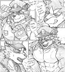  abs anthro barrel_(live-a-hero) blush canid canine canis clothing dj28sj english_text fingerless_gloves gloves handwear hi_res licking licking_lips lifewonders live-a-hero male mammal multiple_images muscular muscular_anthro muscular_male pecs police_hat police_officer police_uniform solo text tipping_hat tongue tongue_out uniform video_games wolf 