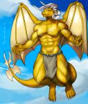  absurd_res anthro bottomwear clothing dragon flying franubis gold_scales hi_res horn lichtenberg_figure lichtenberg_scar loincloth male psychic scar seimur smile smirk solo tail tribal weapon_tail white_horn wings 