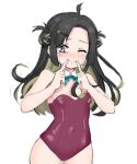  1girl ahoge bare_shoulders black_hair breasts covered_navel cowboy_shot double_bun forced_smile forehead green_eyes green_hair highres kantai_collection leotard long_hair makinami_(kancolle) moon_ash multicolored_hair one_eye_closed purple_leotard simple_background small_breasts solo strapless strapless_leotard tears white_background 
