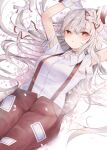  1girl absurdres arms_up bangs beige_shirt blurry blush bow breasts buttons cherry_blossoms choker collared_shirt commentary_request depth_of_field eyebrows_visible_through_hair eyelashes eyes_visible_through_hair fingernails fujiwara_no_mokou grey_bow grey_hair hair_between_eyes hair_bow hands_up highres hiiro60 long_fingernails long_hair looking_at_viewer looking_away lying multicolored_bow nail_polish ofuda ofuda_on_clothes on_back open_mouth pants petals pink_nails purple_choker red_bow red_eyes red_pants shirt short_sleeves sidelocks silver_hair simple_background solo suspenders tattoo torn_clothes torn_sleeves touhou very_long_hair white_background white_bow white_shirt wrist_cuffs 