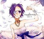  1girl bare_shoulders bird breasts choker chrome_dokuro closed_mouth collarbone dress eyepatch flower jewelry katekyo_hitman_reborn! necklace purple_eyes purple_hair short_hair simple_background smile sumibiya_yasain white_background 