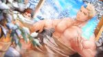  2boys abs bara biceps black_hair blonde_hair blue_eyes blue_fire blue_hair bucket cold crossed_legs ear_piercing feet fire gozu_farm grancy_(gyee) gyee large_pectorals looking_at_another looking_at_viewer multiple_boys muscular muscular_male nipples nude official_art onsen pectorals piercing red_eyes red_hair see-through sideburns snow sven_(gyee) thick_arms thick_eyebrows tree water wet winter 