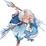  1boy abs armband bara bare_pectorals belt biceps blonde_hair blue_eyes dragon ear_piercing earrings gauntlets grancy_(gyee) gyee hakama ice japanese_clothes jewelry kimono looking_to_the_side male_focus muscular muscular_male nipples no_male_underwear official_art pectorals piercing polearm sandals solo spear tattoo transparent_background weapon yukata 