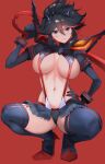  1girl absurdres black_hair blush boots breasts closed_mouth commentary_request garter_straps gloves grey_eyes hair_ornament hand_on_hip head_tilt high_heel_boots high_heels highres holding holding_sword holding_weapon kataku_musou kill_la_kill large_breasts light_smile lips long_sleeves looking_at_viewer matoi_ryuuko multicolored_hair navel red_background red_hair revealing_clothes scissor_blade senketsu shiny shiny_skin short_hair sidelocks simple_background skirt solo squatting stomach suspenders sword thighs turtleneck weapon 