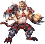  1boy abs armor bara biceps blue_eyes chest_harness claws clenched_hand collar crotch_plate furry furry_male gauntlets gyee hachi_(gyee) harness kumahachi large_pectorals leg_armor looking_at_viewer male_focus muscular muscular_male navel navel_hair nipples official_art orange_fur pectorals shoulder_armor shoulder_pads solo thick_arms thick_eyebrows thick_thighs thighs tiger_boy topless topless_male transparent_background weapon 