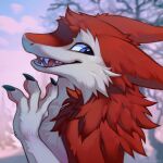  2022 blue_eyes claws day detailed_background digital_media_(artwork) fingers fur hair hioshiru open_mouth outside red_hair sergal sky smile teeth tongue white_body white_fur 