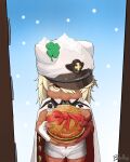  1girl :3 absurdres bandaged_arm bandages burger cape chibi clover dark-skinned_female dark_skin english_commentary fingerless_gloves food four-leaf_clover gift_wrapping gloves guilty_gear guilty_gear_strive hat hat_over_one_eye highres long_hair looking_at_viewer orange_eyes peaked_cap platinum_blonde_hair poopman pov pov_doorway presenting ramlethal_valentine short_shorts shorts single_fingerless_glove snow snowing solo white_cape white_gloves white_shorts 