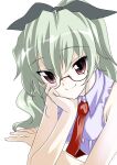  1girl alternate_hairstyle anchovy_(girls_und_panzer) bangs black-framed_eyewear black_ribbon brown_eyes closed_mouth commentary_request elbow_rest eyebrows_visible_through_hair girls_und_panzer glasses green_hair hair_ribbon head_rest highres leaning_forward long_hair looking_at_viewer necktie partial_commentary ponytail purple_shirt red_necktie ribbon semi-rimless_eyewear senomoto_hisashi shirt simple_background sleeveless sleeveless_shirt smile solo under-rim_eyewear white_background wing_collar 