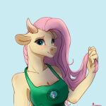  2022 absurd_res alternate_species anthro apron apron_only bovid bovine breasts bust_portrait cattle clothing erect_nipples eyebrows eyelashes female fluttershy_(mlp) freckles friendship_is_magic fur green_eyes hair hair_grab hi_res horn long_hair looking_at_viewer mammal miokomata mostly_nude my_little_pony nipple_outline nipples pink_hair portrait princess_celestia_(mlp) smile solo touching_hair yellow_body yellow_fur 