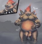  absurd_res anthro balls belly big_belly bodily_fluids bowser bowser&#039;s_fury dergum flaccid genital_fluids genitals hand_on_stomach hi_res koopa lizard macro macro_pred male mario_bros neck_bulge nintendo penis precum reptile scalie video_games vore 