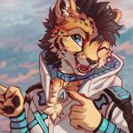  2022 5_fingers anthro black_hair blue_eyes cheetah claws clothed clothing collar day detailed_background digital_media_(artwork) felid feline fingers fur hair hioshiru male mammal open_mouth outside sky smile spots spotted_body spotted_fur teeth tongue 