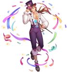  1boy bare_pectorals belt brown_hair chain confetti crystal dress felix_(gyee) gyee hand_on_headwear hat long_hair long_sleeves looking_at_viewer medallion multicolored_eyes official_art one_eye_closed open_clothes open_dress pants pectorals rainbow_eyes shoes smile socks solo staff transparent_background 