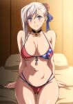  1girl american_flag_bikini bangs bare_shoulders bikini blue_eyes blush breasts bun_cover choker cleavage collarbone fate/grand_order fate_(series) flag_print hair_bun hair_ribbon hara_(harayutaka) highres large_breasts long_hair looking_at_viewer miyamoto_musashi_(fate) miyamoto_musashi_(swimsuit_berserker)_(fate) navel on_bed pillow pink_hair ribbon side_bun sitting smile solo swept_bangs swimsuit thighs 