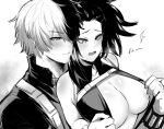  1boy 1girl areola_slip areolae bare_shoulders black_hair boku_no_hero_academia breasts center_opening clothes_pull couple greyscale hair_over_one_eye hair_pulled_back hetero highres kurenaiz1 large_breasts monochrome multicolored_hair open_mouth ponytail revealing_clothes split-color_hair surprised todoroki_shouto two-tone_hair yaoyorozu_momo 