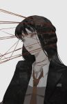  1girl absurdres bangs black_hair black_jacket brown_eyes collared_shirt cyclo grey_background highres jacket long_hair necktie original red_necktie shirt simple_background solo string tuoer upper_body white_shirt 