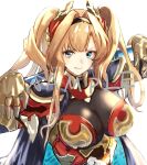  1girl blonde_hair blue_eyes dondobi granblue_fantasy hair_intakes hairband highres polearm red_armor smirk solo spear twintails weapon zeta_(granblue_fantasy) 